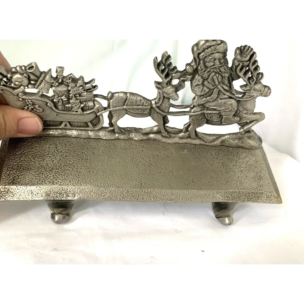 Santa Claus Sleigh Reindeer Stocking Holder Heavy Metal Christmas Mantle Decor